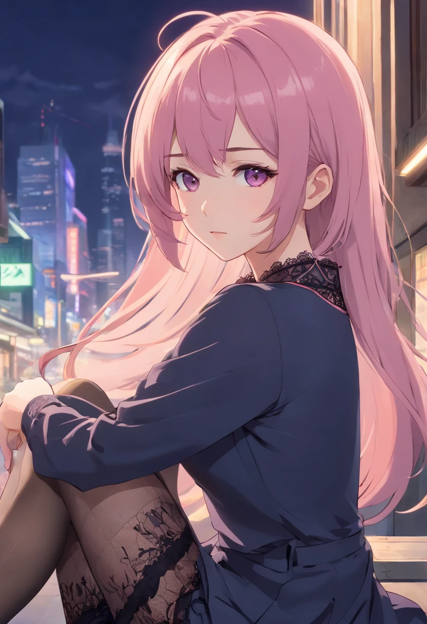best quality,exquisite facial features,prefect face,bishoujo,ojousama,hubrael,dark_persona,long light pink hair,grey eyes,lace trim,gothic,pantyhose,lace legwear