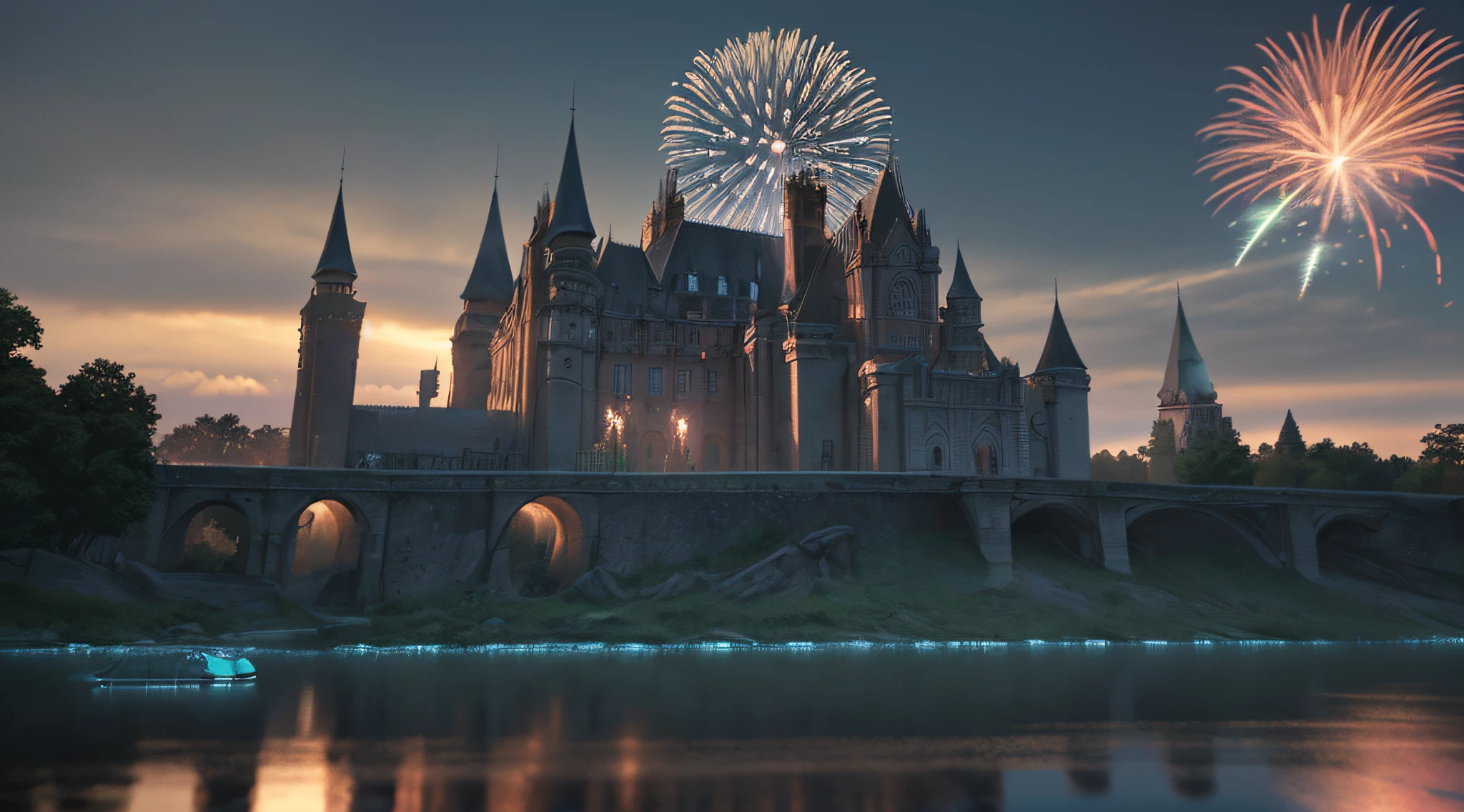high details, best quality, 16k, [ultra detailed], masterpiece, best quality, (extremely detailed), ultra wide shot, photorealistic, a picture of a masterwork display of fireworks (best details, Masterpiece, best quality: 1.5), being reflected in the river (best details, Masterpiece, best quality: 1.5), a massive dark castle background, ultra best realistic, best details, best quality, 16k, [ultra detailed], masterpiece, best quality, (extremely detailed), ultra wide shot, photorealism, depth of field, hyper realistic picture, 3D rendering