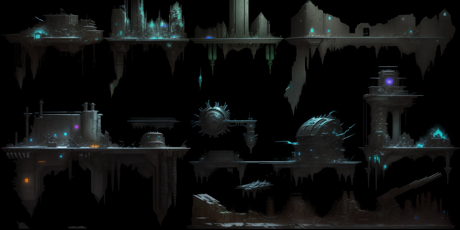 a close up of a bunch of shelves with some stuff on them, video game assets, detailed game art, dark fantasy environment, game assets, ultra detailed game art, seperated game asset, greebles, industrial futuristic ice mine, sewer background, robot city ruins, detailed sci - fi backgrounds, dark hangar background, dark sci - fi game map, video game asset