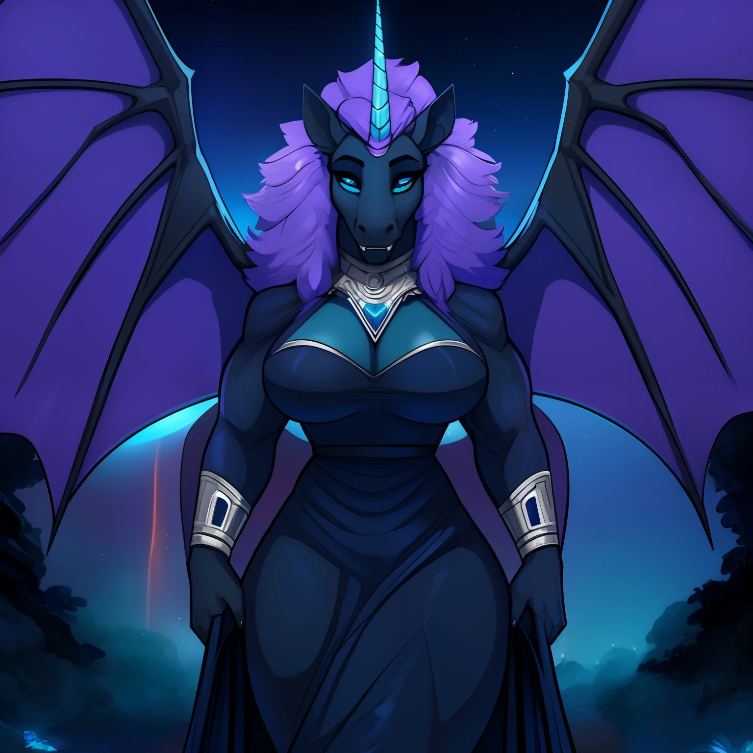 Tall_lithe_muscular_mature_unicorn female dark_purple_mane wavy_mane black_furry_body teal_eyes slit_pupils majestic solo Masterpiece best_quality absurdres highly_detailed gown_with_silver_trim silver_circlet silver_gorget silver_bracers cleanly_drawn_eyes fangs bat_wings purple_eyeshadow horse_snout starry_mane anthro_only by_claweddrip, by_greasymojo, by_underscore-b, by_runawaystride