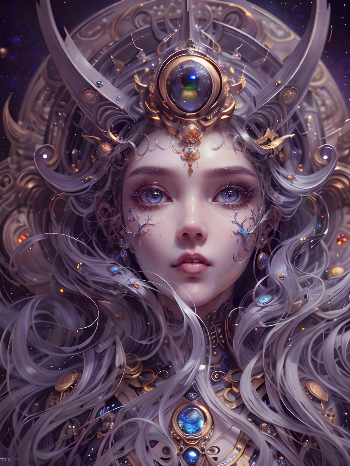 (best qualtiy,ultra - detailed,Most Best Illustration,Best shadow,tmasterpiece,A high resolution,professionalartwork,famousartwork),Detailed eyes,beautidful eyes,closeup cleavage,sci-fy,colored sclera,Robot eyes,face markings,Tattooed with,(fractalized,Fractal eyes),largeeyes,Wide eyes,(Eye focus),sface focus,Cosmic eyes,Space eyes,Close-up of metal sculpture of a woman with a moon in her hair,goddes。extremly high detail,3 d goddess portrait,Extremely detailed footage of the goddess,a stunning portrait of a goddess,Side image of the goddess,portrait of a beautiful goddess,Full body close-up portrait of the goddess,hecate goddess,portrait of a norse moon goddess,goddess of space and time