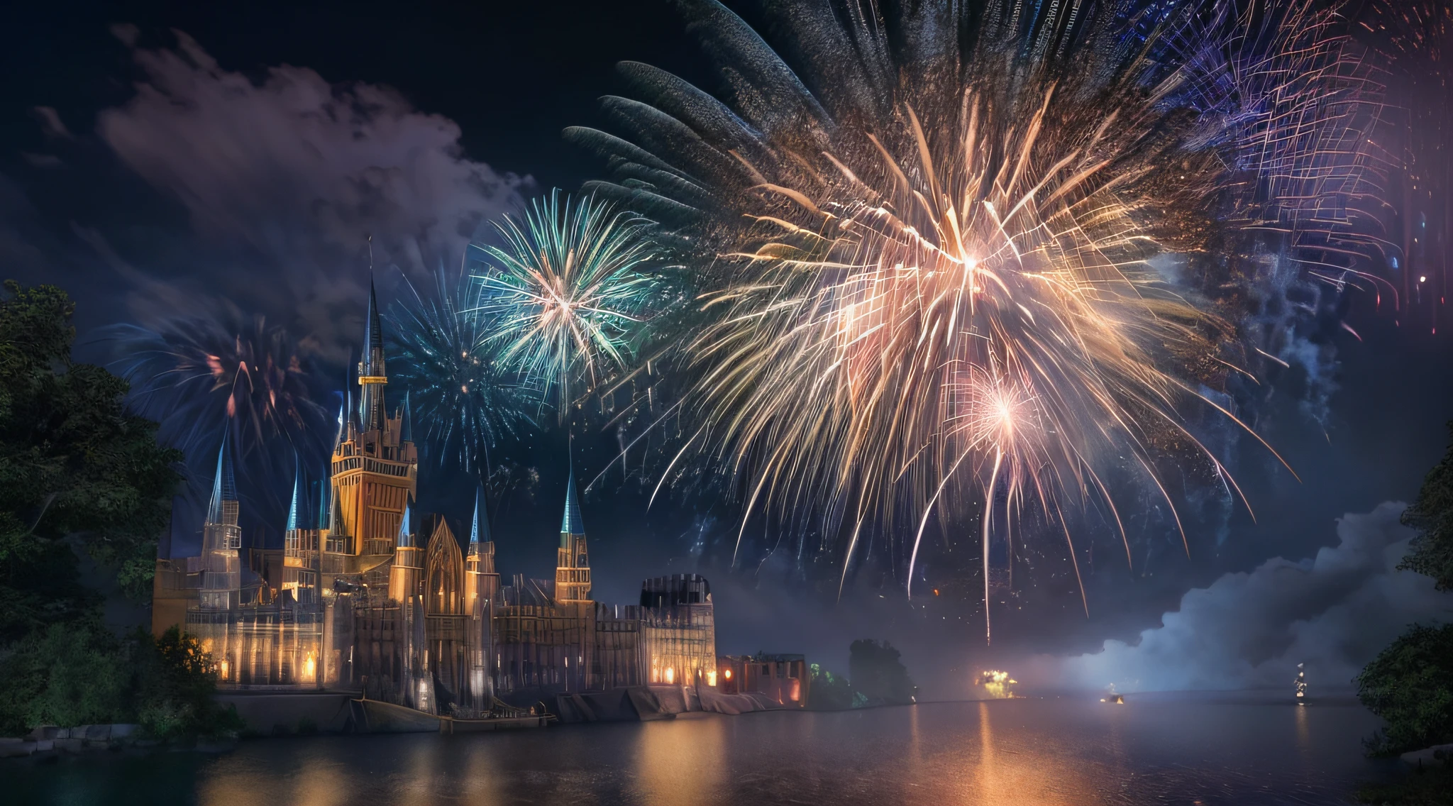 picture of a masterwork display of fireworks (best details, Masterpiece, best quality: 1.5) at night, being reflected in the river (best details, Masterpiece, best quality: 1.5), a massive dark castle background  (best details, Masterpiece, best quality: 1.5),, ultra best realistic, best details, best quality, 16k, [ultra detailed], masterpiece, best quality, (extremely detailed), ultra wide shot, photorealism, depth of field, hyper realistic picture, 3D rendering
