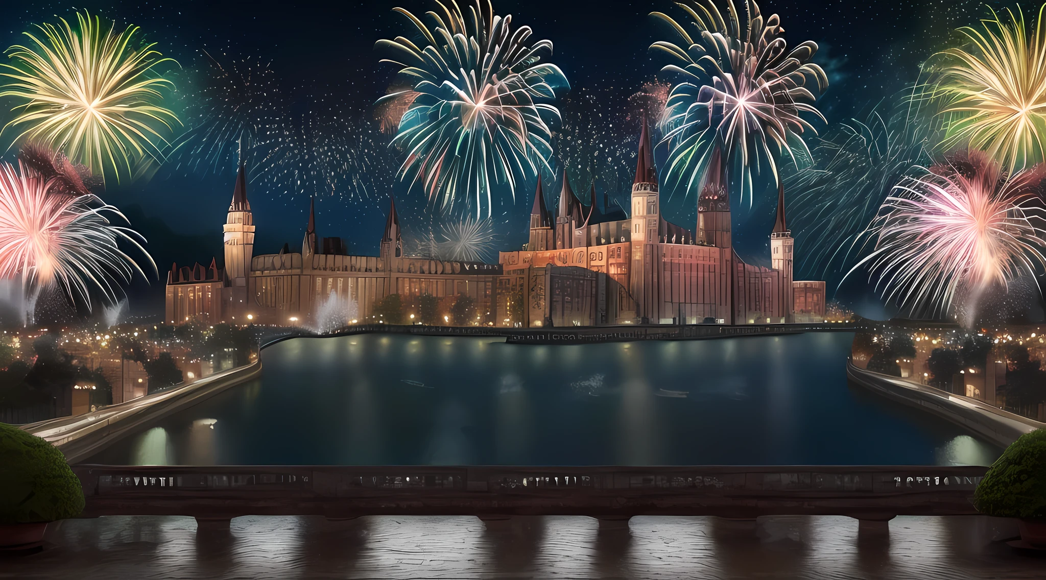 picture of a masterwork display of fireworks (best details, Masterpiece, best quality: 1.5) at night, being reflected in the river (best details, Masterpiece, best quality: 1.5), a massive dark castle background  (best details, Masterpiece, best quality: 1.5),, ultra best realistic, best details, best quality, 16k, [ultra detailed], masterpiece, best quality, (extremely detailed), ultra wide shot, photorealism, depth of field, hyper realistic picture, 3D rendering