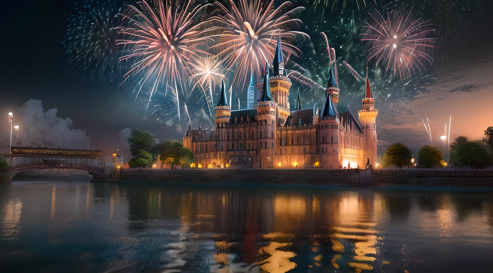 picture of a masterwork display of fireworks (best details, Masterpiece, best quality: 1.5) at night, being reflected in the river (best details, Masterpiece, best quality: 1.5), a massive dark castle background  (best details, Masterpiece, best quality: 1.5),, ultra best realistic, best details, best quality, 16k, [ultra detailed], masterpiece, best quality, (extremely detailed), ultra wide shot, photorealism, depth of field, hyper realistic picture, 3D rendering