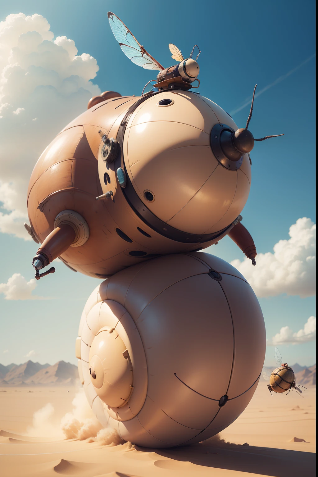 A cheerful and very cheerful huge mechanical snail with dragonfly wings flies in the clouds. a closeup of a. super realistic. Cinematic. Disney cartoon. The desert background is blurred in accelerated motion. Light haze.