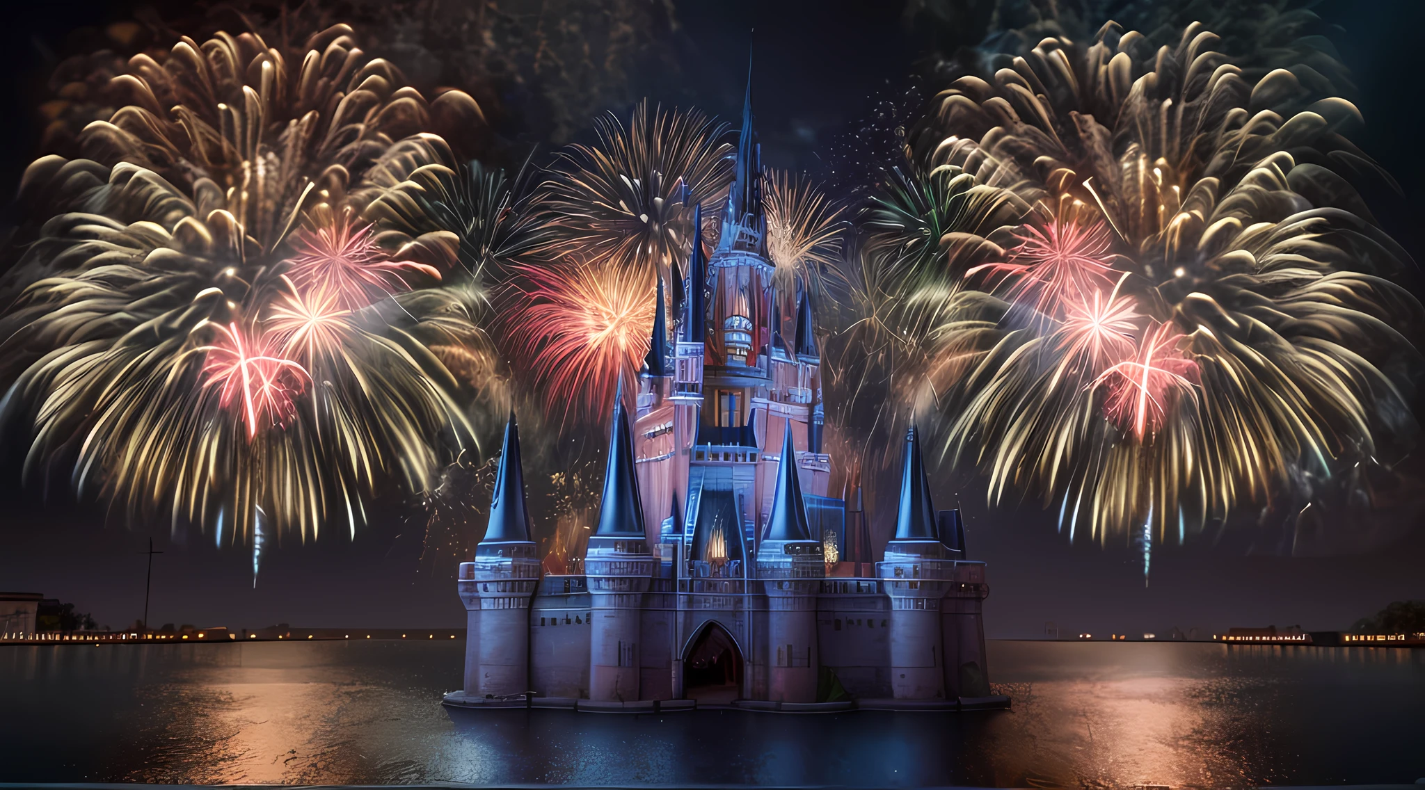 picture of a masterwork display of fireworks (best details, Masterpiece, best quality: 1.5) at night, being reflected in the river (best details, Masterpiece, best quality: 1.5), a massive dark castle background  (best details, Masterpiece, best quality: 1.5),, ultra best realistic, best details, best quality, 16k, [ultra detailed], masterpiece, best quality, (extremely detailed), ultra wide shot, photorealism, depth of field, hyper realistic picture, 3D rendering