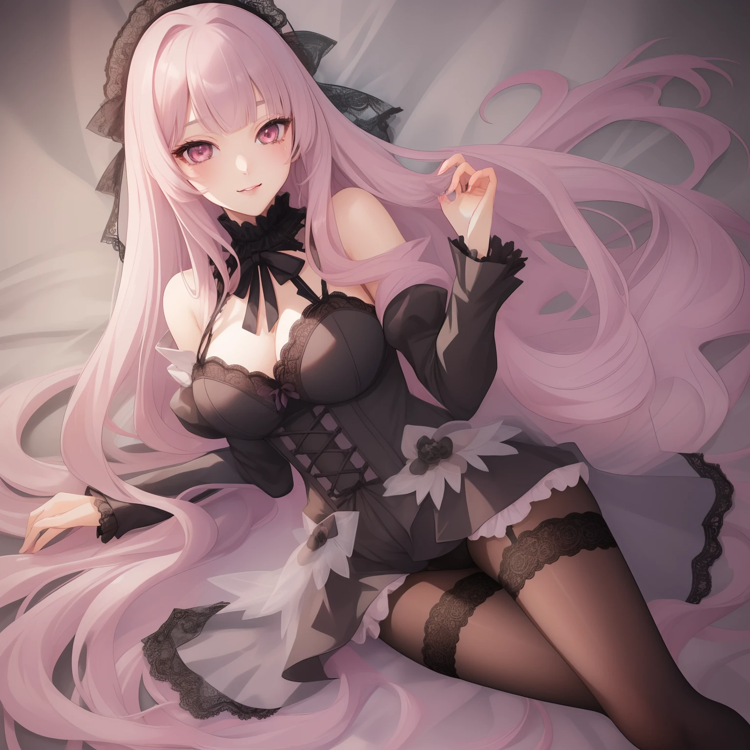 1girl, best quality, exquisite facial features, perfect face, bishoujo, ojousama, {{{grey eyes}}}, straight long pink hair, hime style bangs, lace trim, black gothic, lace pantyhose, sweet smile