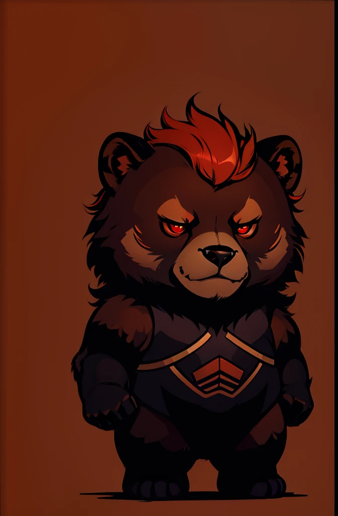 1young bear, chibi, anthropomorphic, brown fur, big red eyes, simple dark background