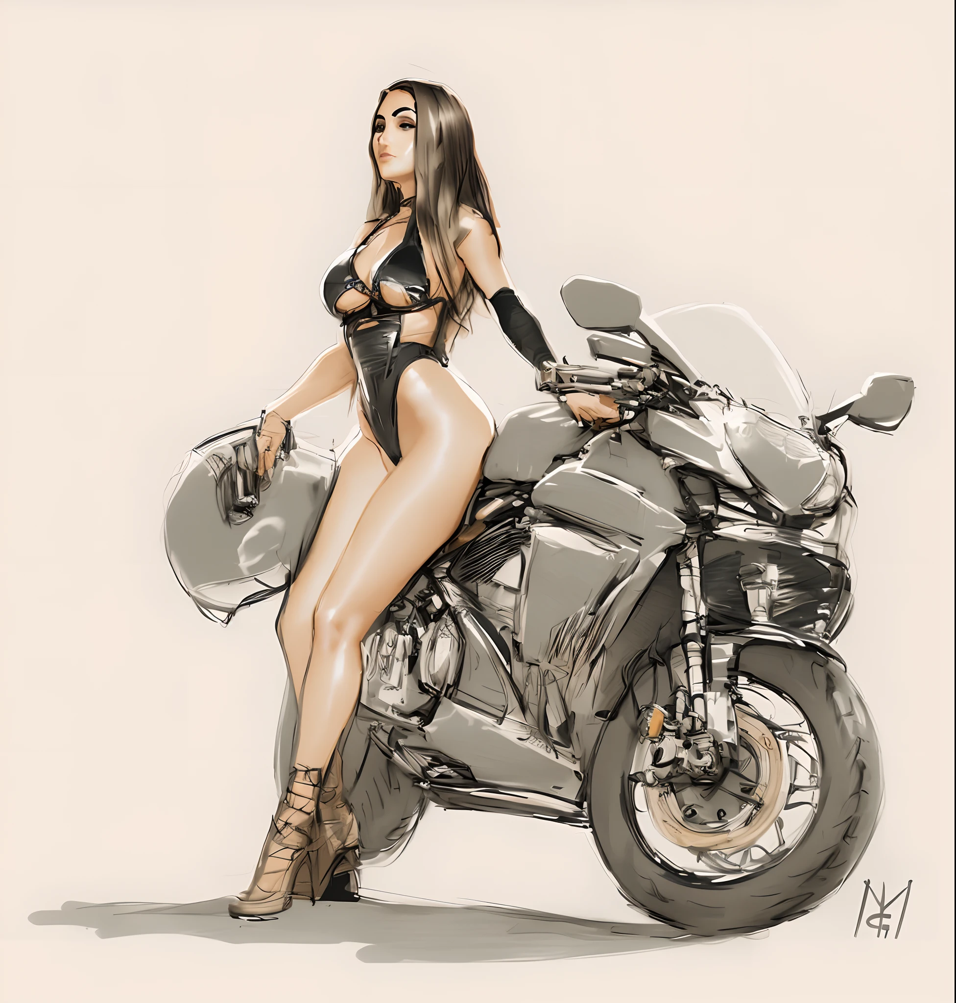 a drawing of a woman in a bikini sitting on a motorcycle, motorcycle concept art, motorcycle, motorbiker, sitting on a motorcycle, commission for high res, artist sketch, drawn in the style of mark arian, fine art sketch, art sketch, high quality sketch, sketch style, motorcycles, drawn in the style of artgerm, inspired by José Comas Quesada