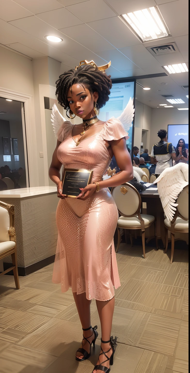 Black goddess holding an award, angel wings, halo