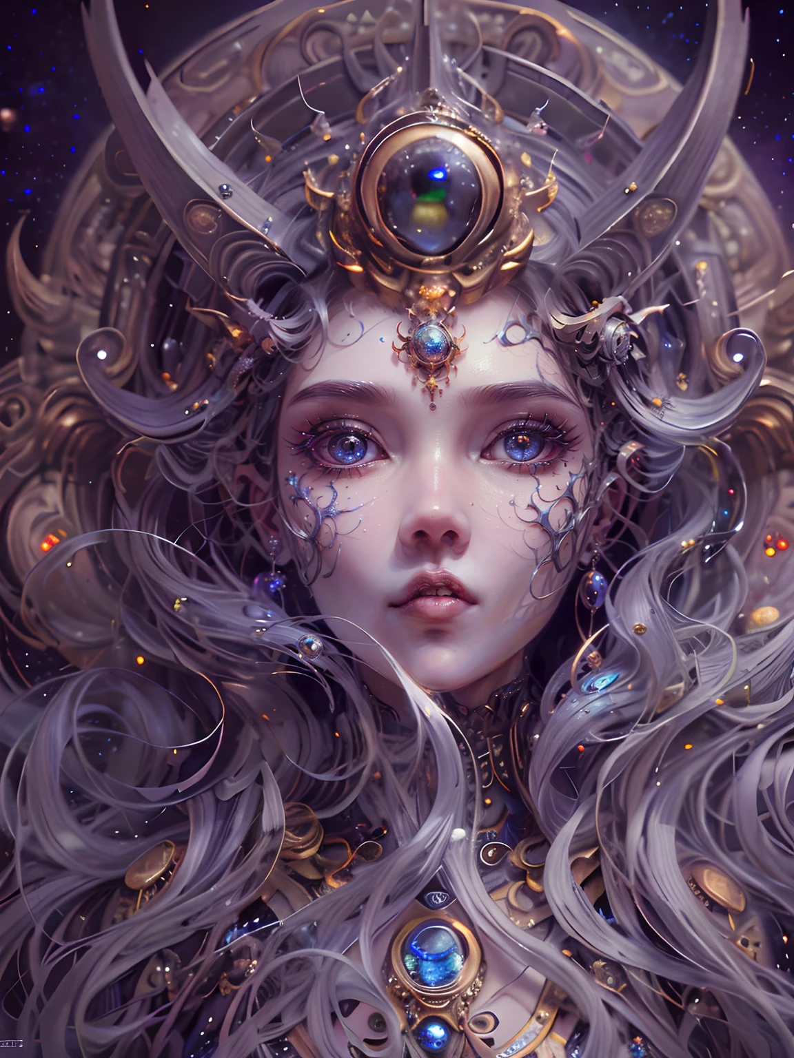 （best qualtiy，ultra - detailed，Most Best Illustration，Best shadow，tmasterpiece，A high resolution，professionalartwork，famousartwork），Detailed eyes，beautidful eyes，closeup cleavage，sci-fy，colored sclera，Robot eyes，face markings，Tattooed with，（fractalized，Fractal eyes），largeeyes，Wide eyes，（Eye focus），sface focus，Cosmic eyes，Space eyes，Close-up of metal sculpture of a woman with a moon in her hair，goddes。extremly high detail，3 d goddess portrait，Extremely detailed footage of the goddess，a stunning portrait of a goddess，Side image of the goddess，portrait of a beautiful goddess，Full body close-up portrait of the goddess，hecate goddess，portrait of a norse moon goddess，goddess of space and time