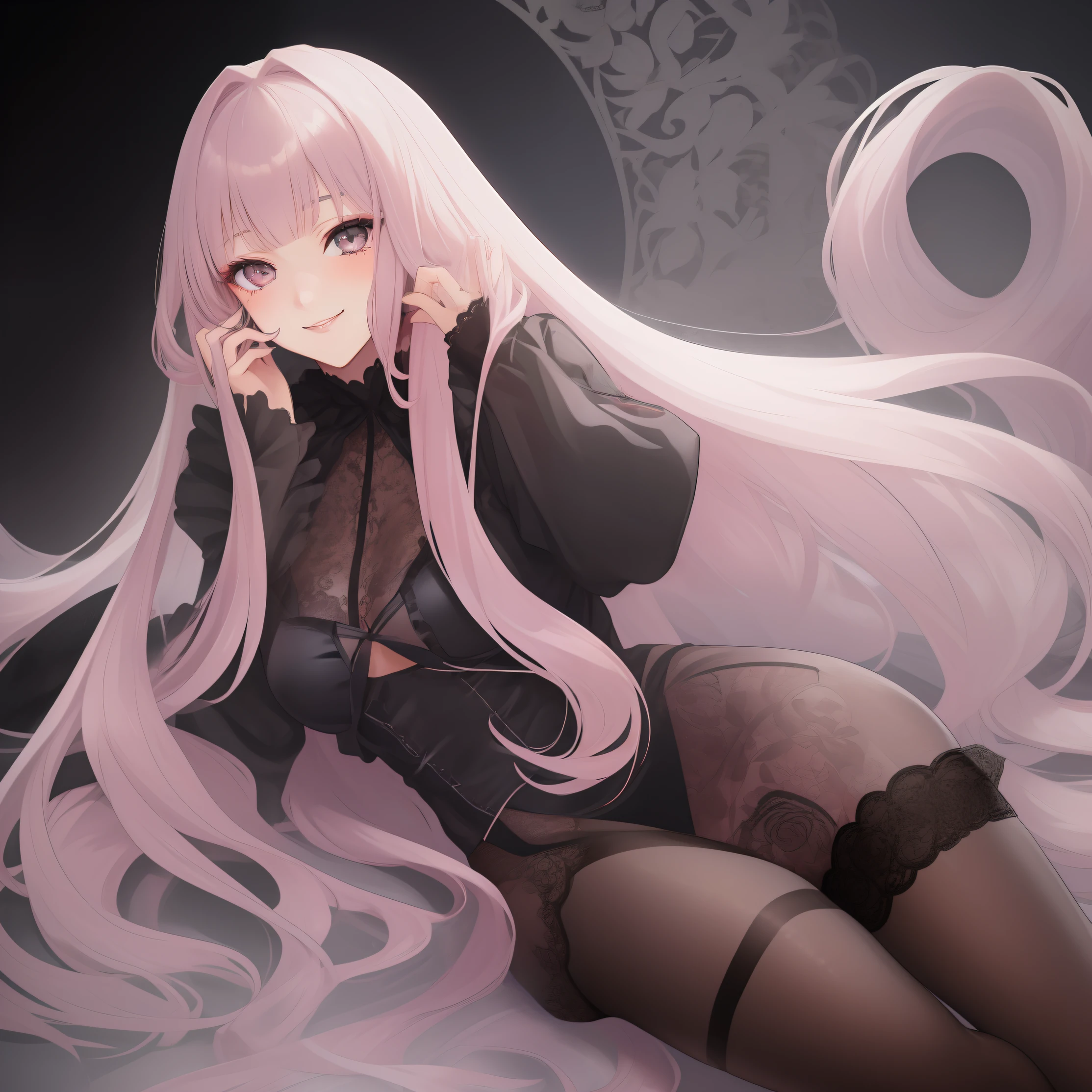 1girl, best quality, exquisite facial features, perfect face, bishoujo, ojousama, {{{grey eyes}}}, straight long pink hair, hime style bangs, lace trim, black gothic, lace pantyhose, sweet smile