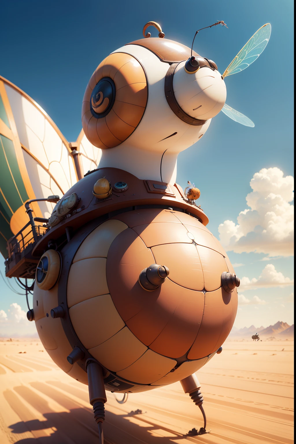 A cheerful and very cheerful huge mechanical snail with dragonfly wings flies in the clouds. a closeup of a. super realistic. Cinematic. Disney cartoon. The desert background is blurred in accelerated motion. Light haze.