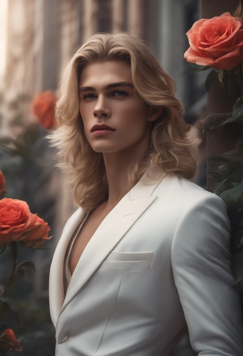masterpiece, highest quality, (solo focus), (perfect face:1.1), (high detail:1.1), (hyper detailed eyes), dramatic, (1guy:0.5), (pale skin), long blonde hair, ethereal eyes, (light eyebrows), solo, long hair, Jordan Barrett, moon, night, white luxury suit, covered navel, pouty lips, fur, proud expression, futuristic city, detailed background, art by artgerm, cinematic lighting, roses, fashion, BalenciagaStyle