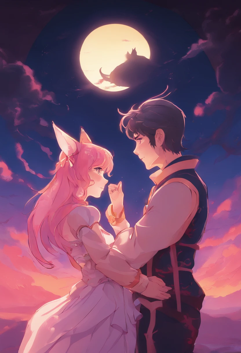 anime couple with cat ears and tail hugging in front of a sunset, high quality fanart, nick silva and ilya kuvshinov, jazza and rossdraws, official fanart, sailor moon!!!!!!!!, kissing together cutely, commission for high res, Fanart ", arm around her neck, in the art style of 8 0 s anime, redpink sunset