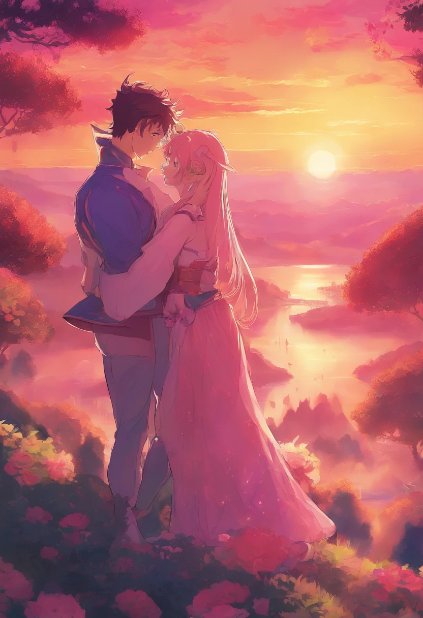 anime couple with cat ears and tail hugging in front of a sunset, high quality fanart, nick silva and ilya kuvshinov, jazza and rossdraws, official fanart, sailor moon!!!!!!!!, kissing together cutely, commission for high res, Fanart ", arm around her neck, in the art style of 8 0 s anime, redpink sunset