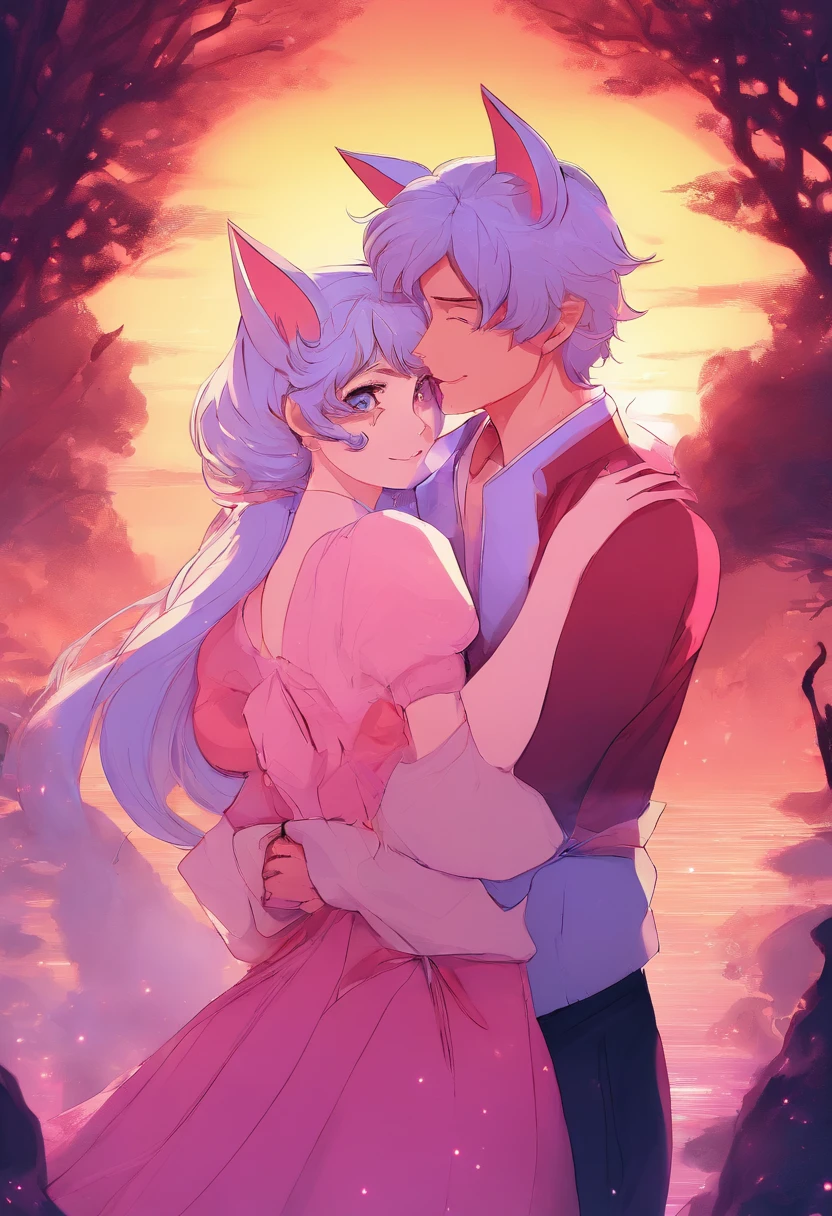anime couple with cat ears and tail hugging in front of a sunset, high quality fanart, nick silva and ilya kuvshinov, jazza and rossdraws, official fanart, sailor moon!!!!!!!!, kissing together cutely, commission for high res, Fanart ", arm around her neck, in the art style of 8 0 s anime, redpink sunset