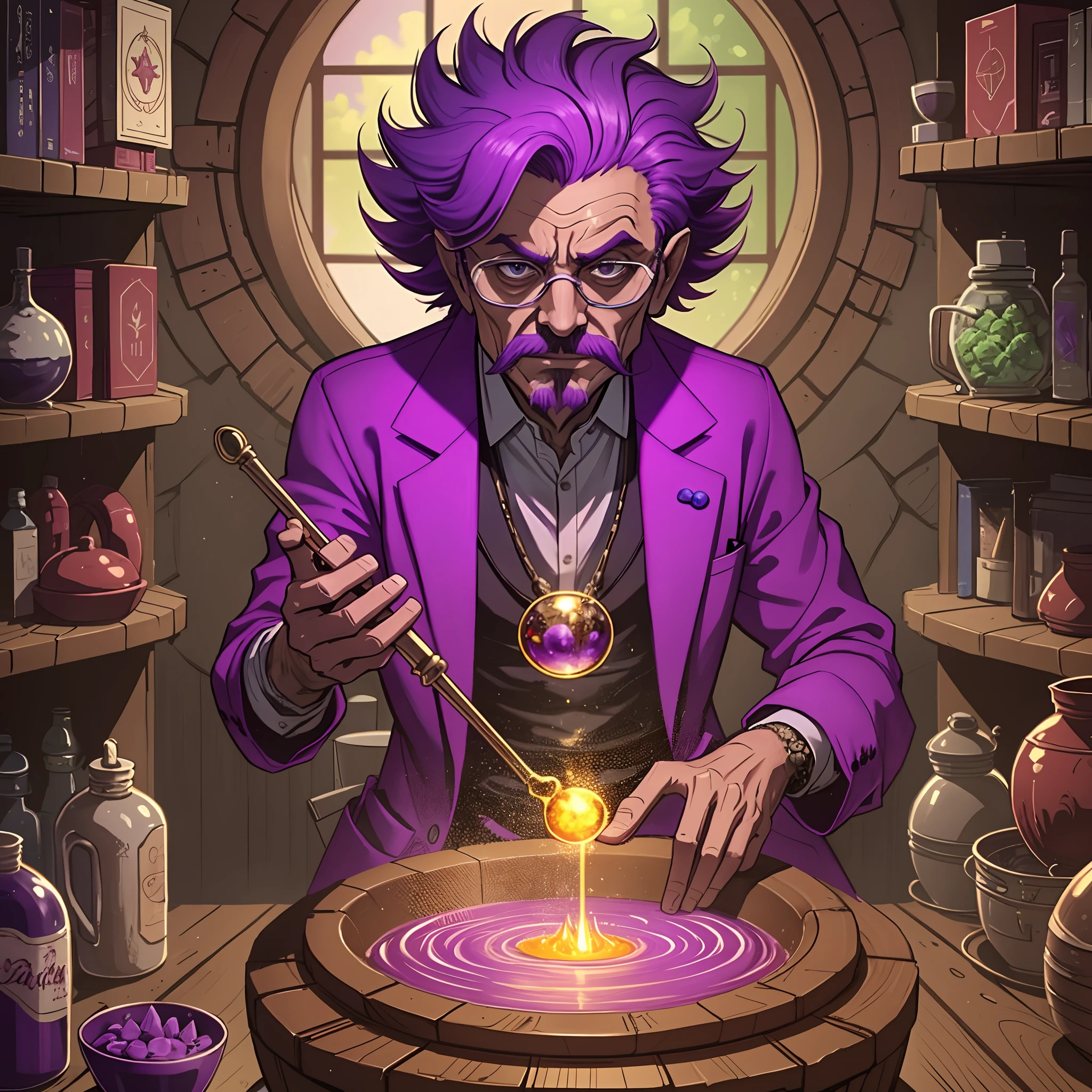 A mad scientist is sitting in a laboratory filled with numerous test tubes in the background. He is conducting various experiments and holds a chemical flask with a bright golden liquid in his right hand. The image is photorealistic and highly detailed, with everything in neon purple and green colors