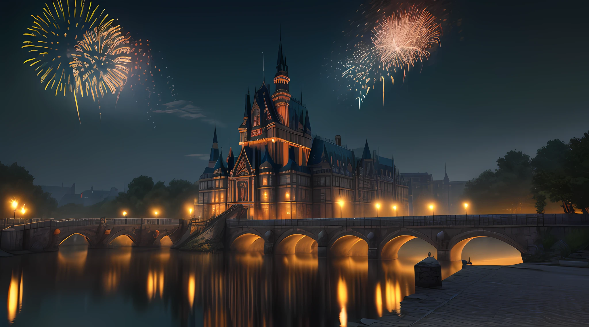 high details, best quality, 16k, [ultra detailed], masterpiece, best quality, (extremely detailed), ultra wide shot, photorealistic, a picture of a masterwork display of fireworks (best details, Masterpiece, best quality: 1.5), being reflected in the river (best details, Masterpiece, best quality: 1.5), a dark castle background at night, ultra best realistic, best details, best quality, 16k, [ultra detailed], masterpiece, best quality, (extremely detailed), ultra wide shot, photorealism, depth of field, hyper realistic picture, 3D rendering