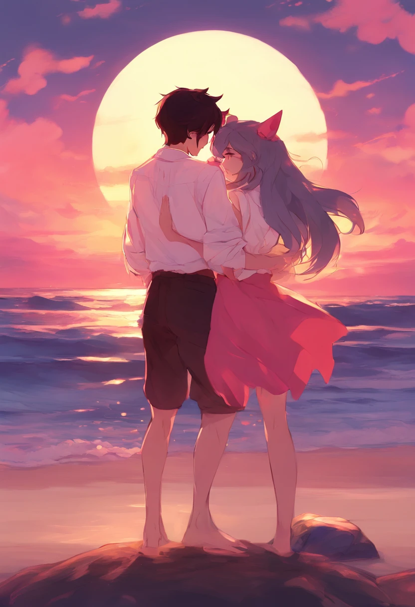 anime couple with cat ears and tail hugging in front of a sunset, high quality fanart, nick silva and ilya kuvshinov, jazza and rossdraws, official fanart, sailor moon!!!!!!!!, kissing together cutely, commission for high res, Fanart ", arm around her neck, in the art style of 8 0 s anime, redpink sunset