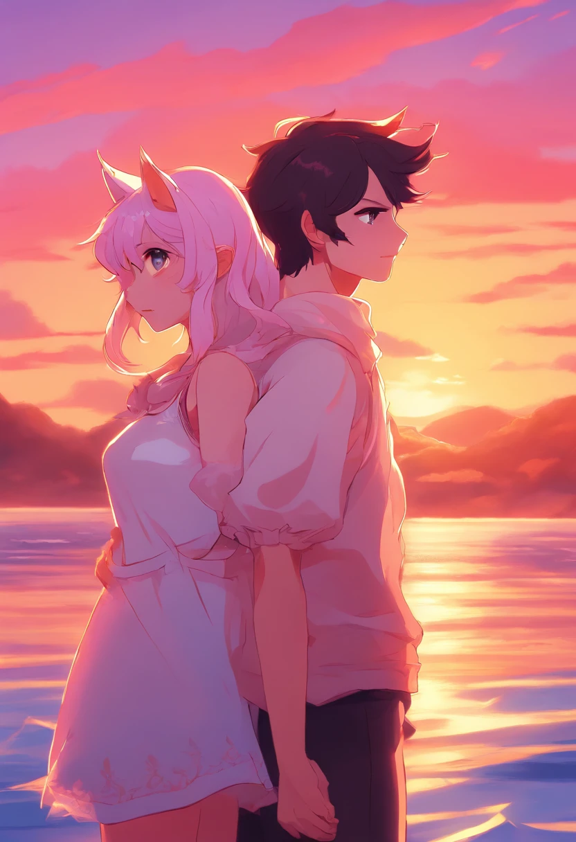 anime couple with cat ears and tail hugging in front of a sunset, high quality fanart, nick silva and ilya kuvshinov, jazza and rossdraws, official fanart, sailor moon!!!!!!!!, kissing together cutely, commission for high res, Fanart ", arm around her neck, in the art style of 8 0 s anime, redpink sunset
