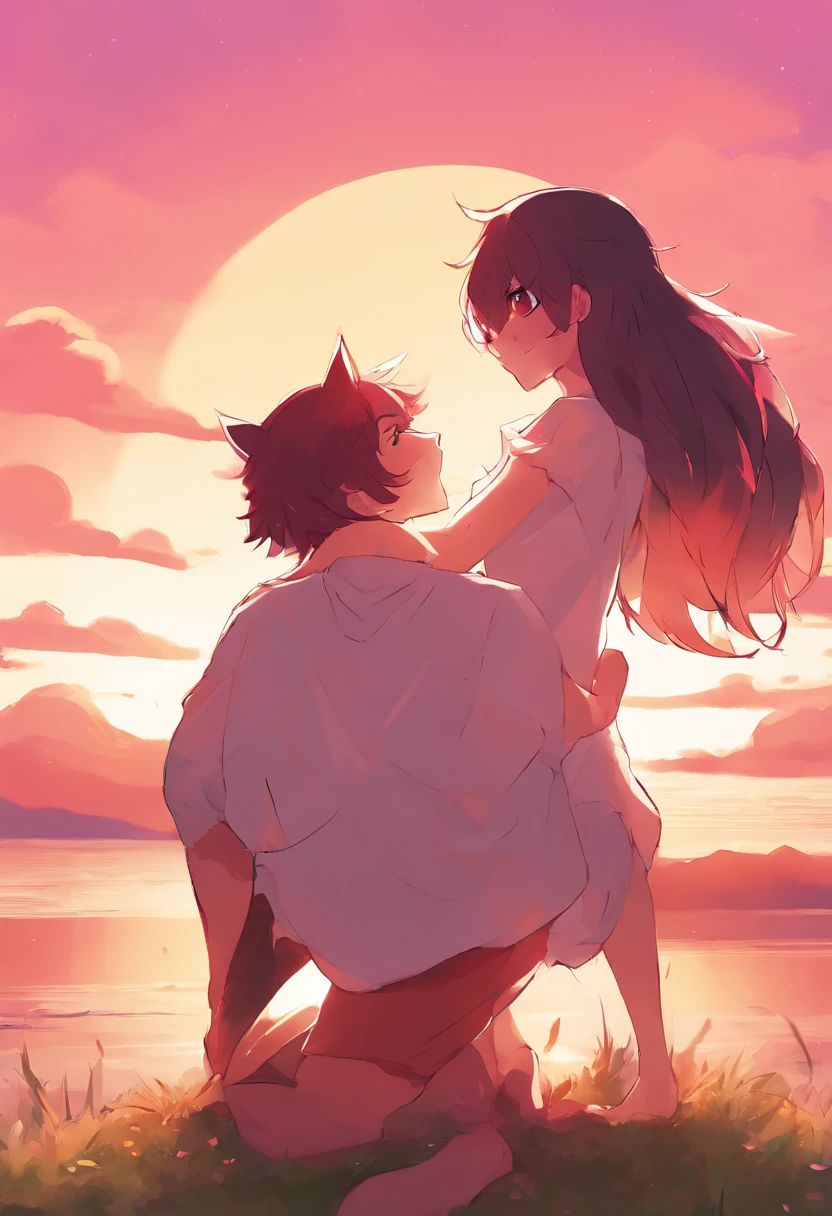 anime couple with cat ears and tail hugging in front of a sunset, high quality fanart, nick silva and ilya kuvshinov, jazza and rossdraws, official fanart, sailor moon!!!!!!!!, kissing together cutely, commission for high res, Fanart ", arm around her neck, in the art style of 8 0 s anime, redpink sunset