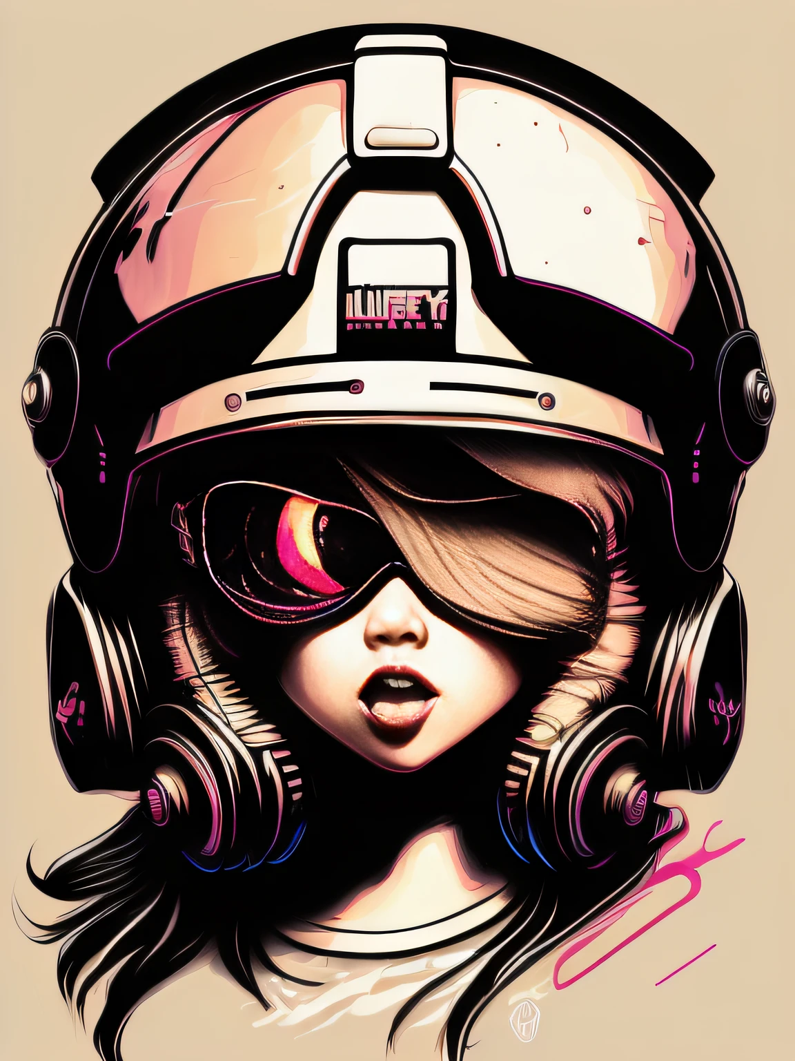design for tshirt、masutepiece、Roffi style、ultra-detailliert、ighly detailed,、Monochrome painting、((Super cute and cool girl from Helmet Squadron))、(No logo:1.2)