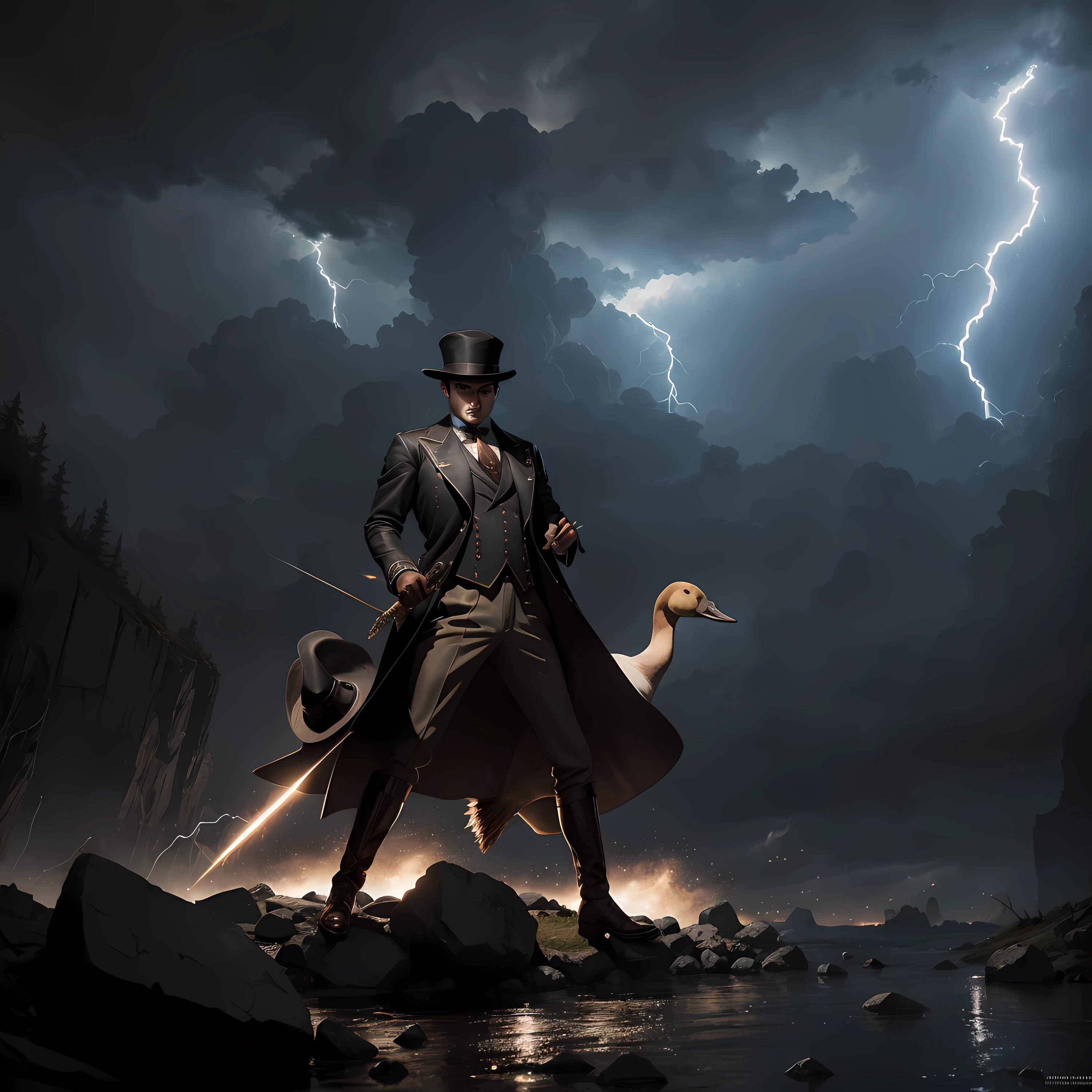 A breathtaking artistic depiction of an epic action scene featuring a canadian goose, wearing an tophat and monocle, is illuminated by flashes of lightning that cast dramatic shadows and highlights across the scene, meteor flying