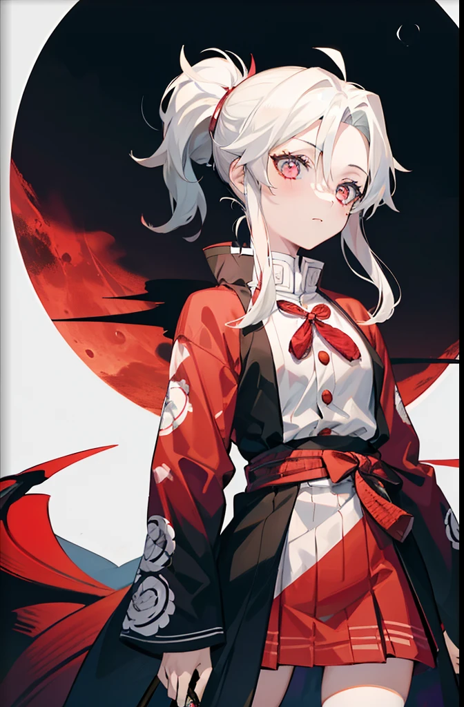 girl with white hair, medium length hair, short height, Demon Slayer art style, no chest, Kimetsu no yaiba clothing style, red clothes, looking at the moon, holding a katana