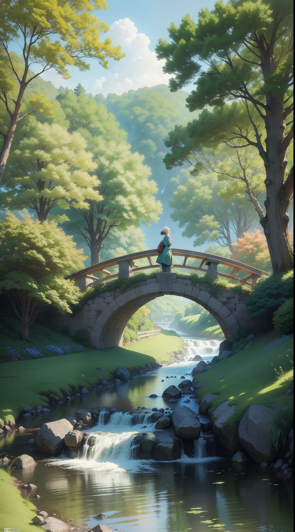anime scenery with a picturesque wallpaper-like aesthetic featuring a serene river, a charming bridge, lush green grass, and a small road.
Tags: anime, wallpaper, scenic river, charming bridge, lush green grass, small road, serene atmosphere, picturesque aesthetic, vibrant colors, peaceful vibes, tranquil setting, detailed background, intricate details, realistic rendering, sharp focus, vibrant colors, vibrant anime style, natural lighting, gentle breeze, immersive experience.