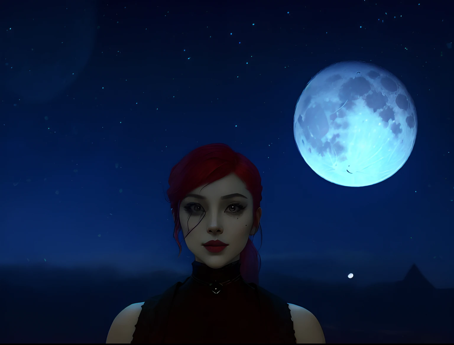 there is a woman standing in front of a full moon, in front of a pale full moon, in front of a big moon, in front of a full moon, moons in background, in front of the moon, during a blood moon, second life avatar, (moon in the background), nighttime moonlit, detailed crimson moon, with full moon in the sky red haired pretty woman, gun assassin, mercenary, evil laugh, evil, psychopath, wide eyes, short and low ponytail, two heavy scars across right eye (starting from top of eye), white eyes, black cloth top, portrait, medieval times, drop shadow, wide shot, high detail, anatomically correct, masterpiece, highres, high quality, high details, 8k, retina,