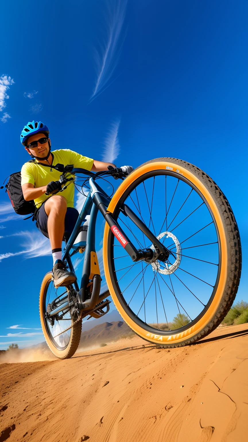 Arafed man riding his bike on a dirt road with a blue sky in the background, extreme low angle shot, Tiro em GoPro9, Extremely low angle, wide angle dynamic action shot, Tiro na Canon EOS R 5, Tiro na Canon EOS R5, Directed by: Arnie Swekel, Colocados, 2 0 2 2 foto, Shot on iPhone 1 3 Pro Max with spaceships flying over the sky