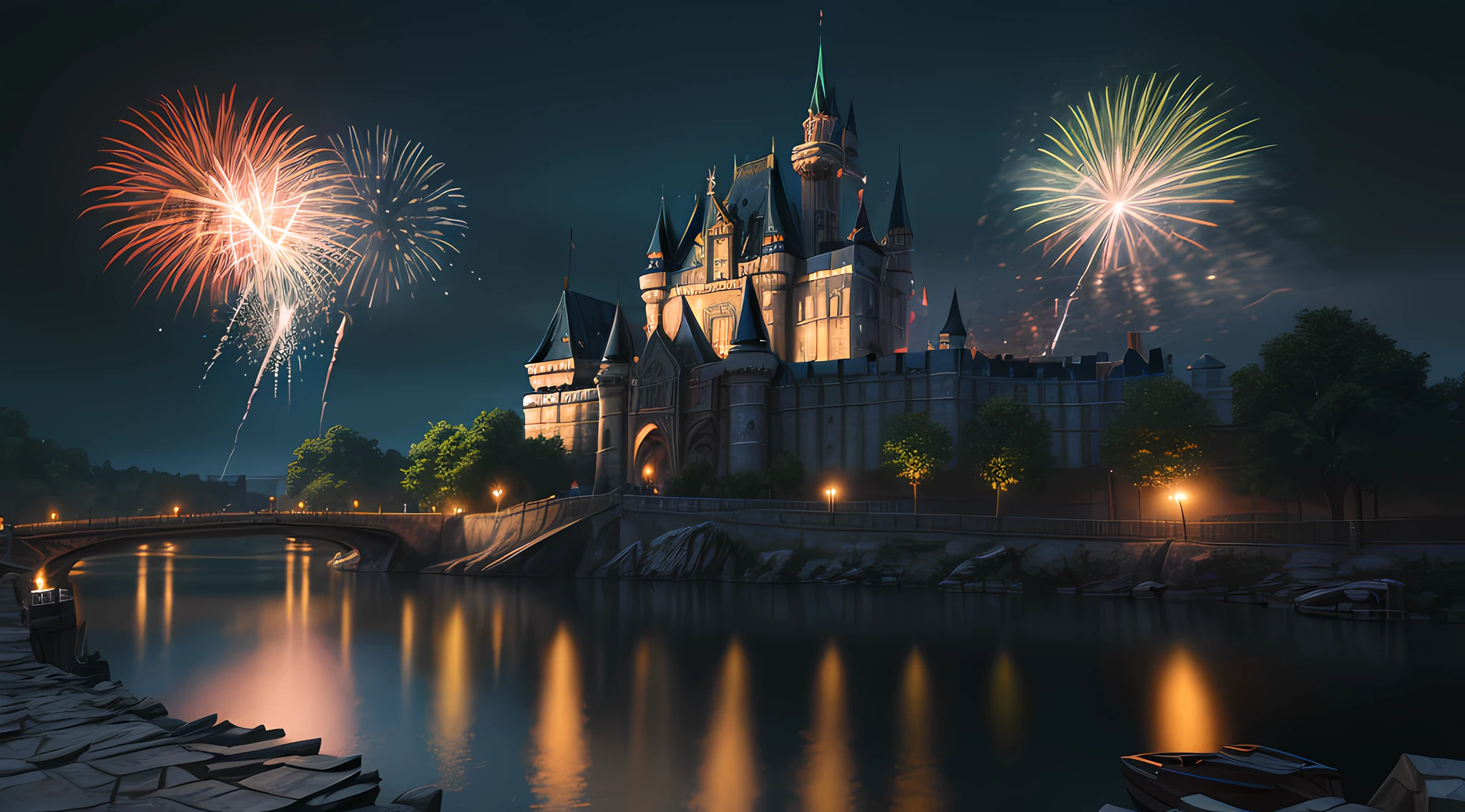 high details, best quality, 16k, [ultra detailed], masterpiece, best quality, (extremely detailed), ultra wide shot, photorealistic, a picture of a masterwork display of fireworks (best details, Masterpiece, best quality: 1.5), being perfectly reflected in the river (best details, Masterpiece, best quality: 1.5), a dark castle background at night, ultra best realistic, best details, best quality, 16k, [ultra detailed], masterpiece, best quality, (extremely detailed), ultra wide shot, photorealism, depth of field, hyper realistic picture, 3D rendering