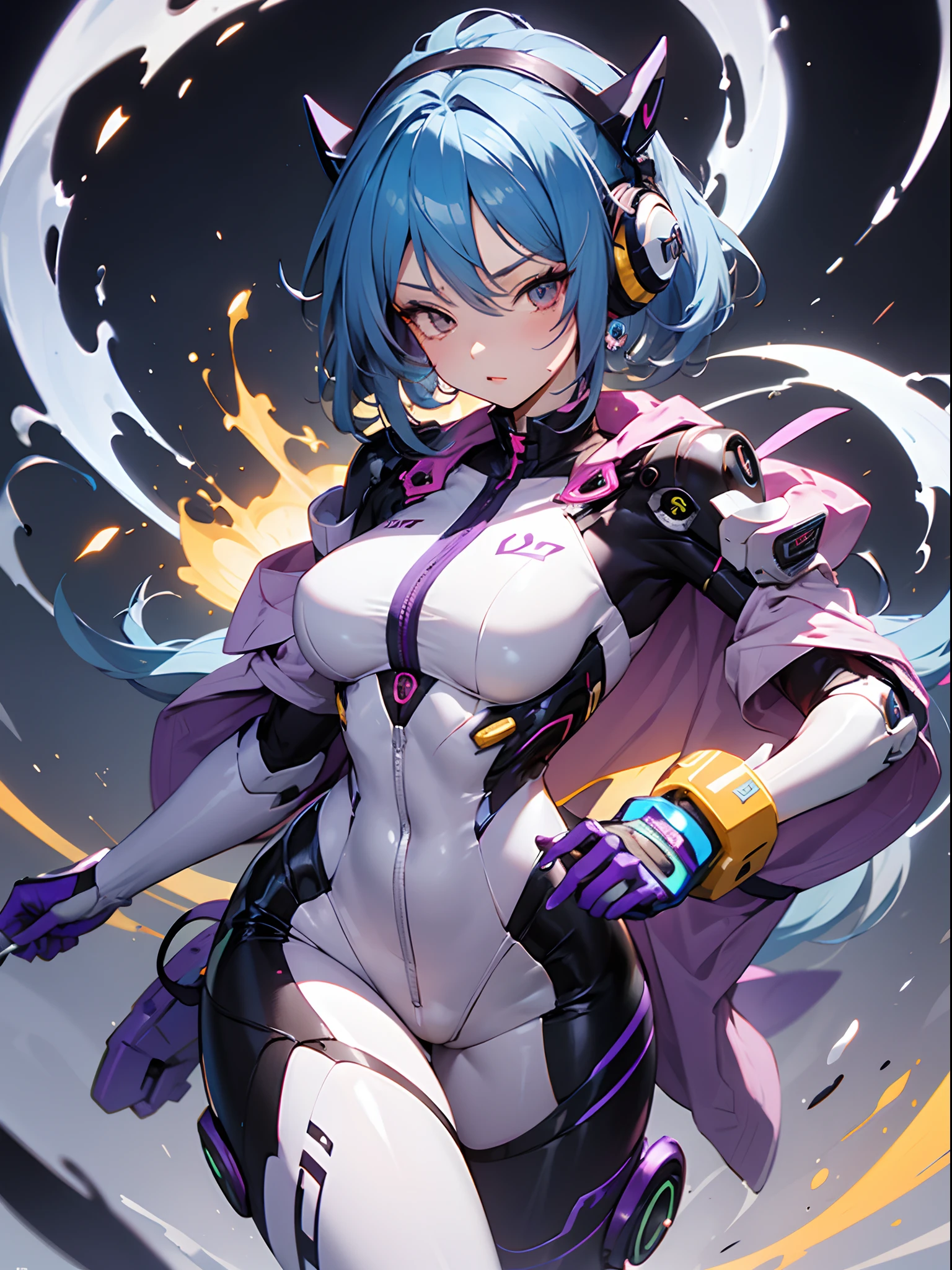 １Beautiful Cat Type Android Girl,Beautiful blue hair,Purple gradient towards the tips of the hair,Mechanical ear protectors like Dragon Ball Scouter