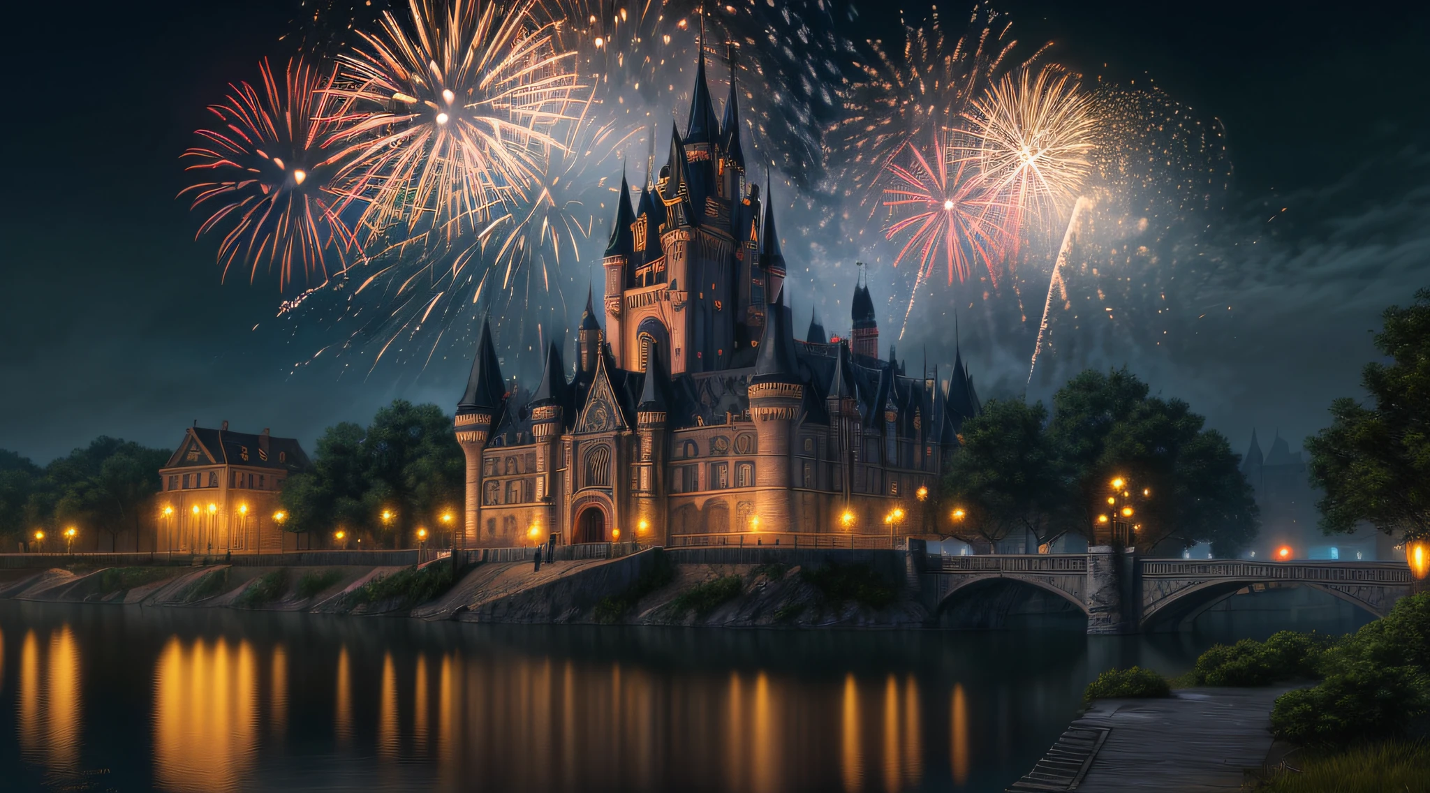 high details, best quality, 16k, [ultra detailed], masterpiece, best quality, (extremely detailed), ultra wide shot, photorealistic, a picture of a masterwork, best details,  display of fireworks (best details, Masterpiece, best quality: 1.5), being perfectly reflected in the river (best details, Masterpiece, best quality: 1.5), a dark castle background at night, ultra best realistic, best details, best quality, 16k, [ultra detailed], masterpiece, best quality, (extremely detailed), ultra wide shot, photorealism, depth of field, hyper realistic picture,