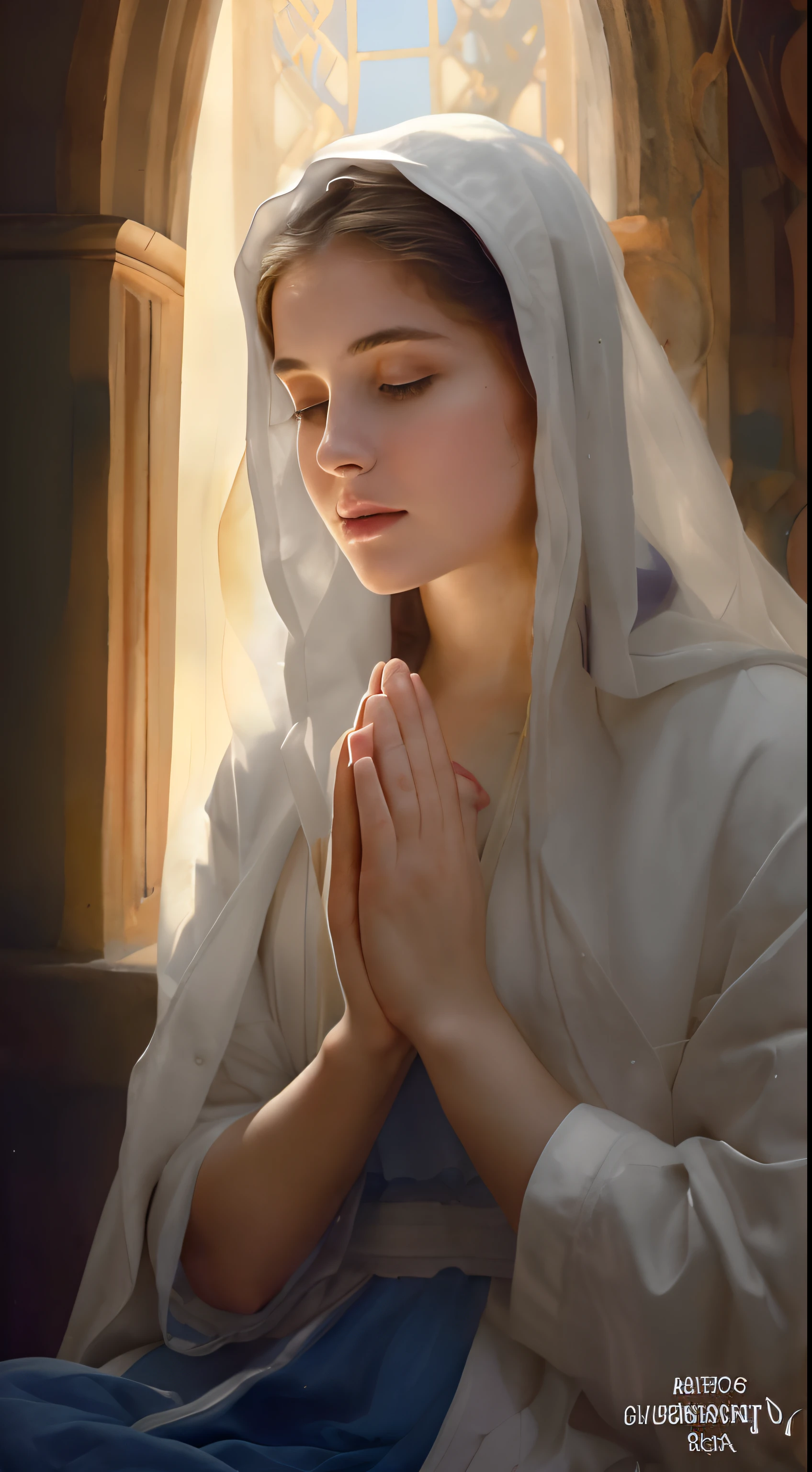 (((Blessed Virgin Mary. 19 years old))) (((IMAGEN VINTAGE RETRO))) ((( Con una cara seria y piadosa. Con una mirada dulce y tierna))) (obra maestra, calidad superior, mejor calidad, arte oficial, beautiful and aesthetic: 1.2), (1girl), extremadamente detallado, (Arte fractal: 1.3), colorido, highest detailed, Cara perfecta, parte superior del cuerpo, HDR, (orando: 1.3), (golden lines of white coat: 1.2), galaxia, (rayas de luz), eye-catching visuals, (dynamic stripes, senderos luminosos: 1.2), colores vibrantes,