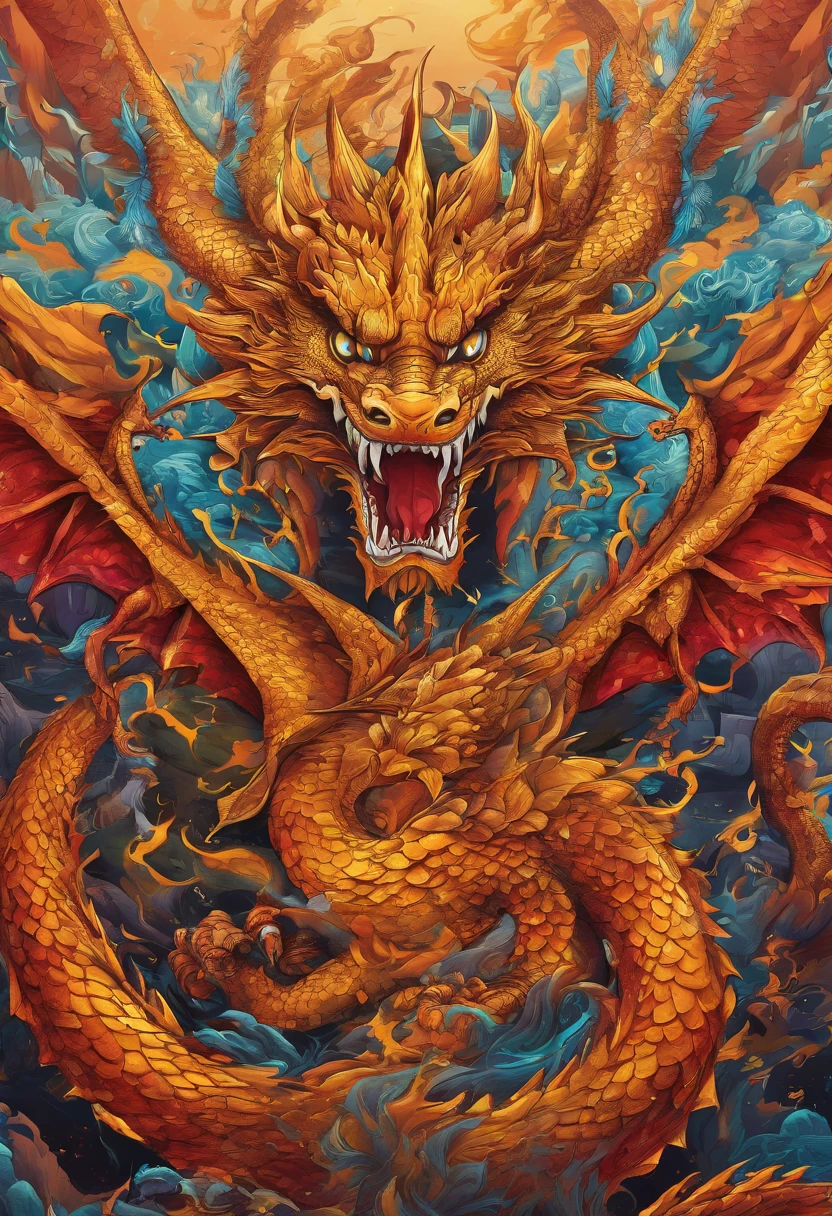 (Golden heavenly dragon) com (olhos vermelhos penetrantes),Close-up soltando (Fogo de Sangue) pelo nariz,EscInfelizmente bulumétricas,alta qualidade,8k,Muitos detalhes,Fire Paticulas,Infelizmente,4 pernas,Garra manchada,ouro,perigo,Fogo,Dentes afiados,Giant dragon,colossal,menacingly,imponente,Escamas azuis vetorizada