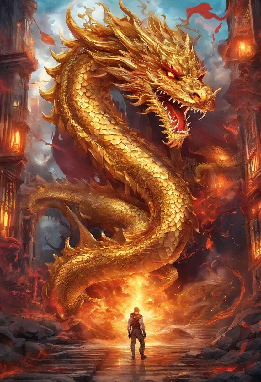 (Golden heavenly dragon) com (olhos vermelhos penetrantes),Close-up soltando (Fogo de Sangue) pelo nariz,EscInfelizmente bulumétricas,alta qualidade,8k,Muitos detalhes,Fire Paticulas,Infelizmente,4 pernas,Garra manchada,ouro,perigo,Fogo,Dentes afiados,Giant dragon,colossal,menacingly,imponente,Escamas azuis vetorizada