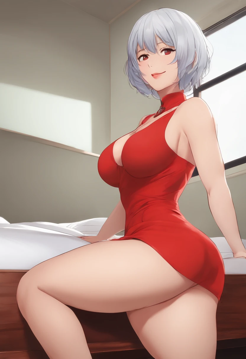 masterpiece, best quality, Rei Ayanami, sleeveless red dress, high heels, looking at viewer, bedroom, from behind, smile, (huge ass:1), wide hips, (wide hips:1), thick legs, big ass, (thick legs), huge tits, big boobs, (massive breasts:1)