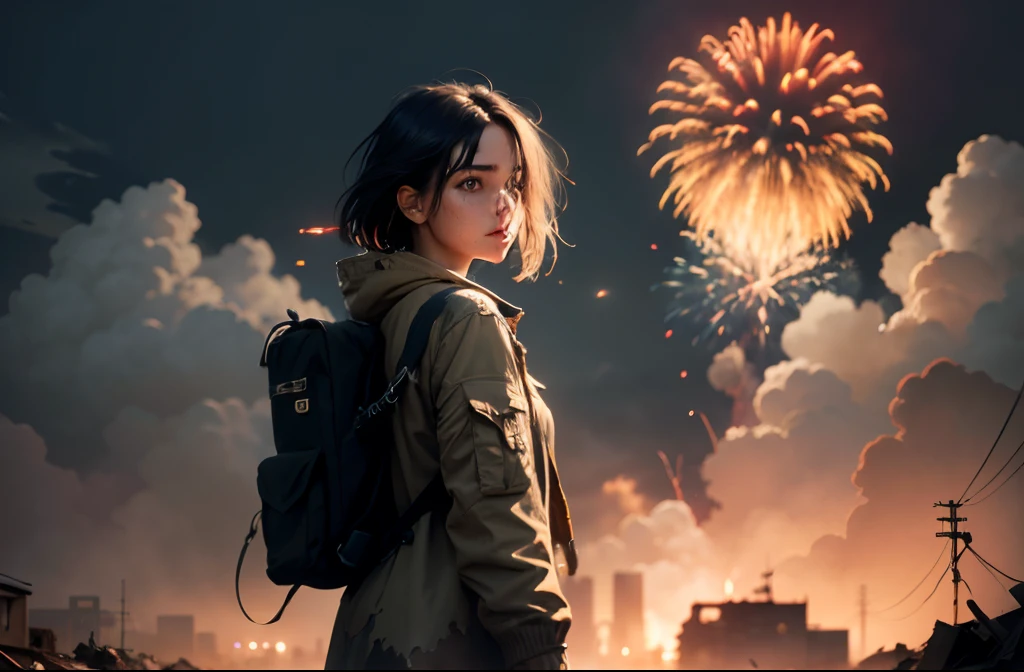 (a girl playing with fireworks in a war-torn and deserted landscape with vibrant colors and dynamic lighting),detailed eyes,detailed lips,extremely detailed face,dark,destructive,highly textured,medium:strategy game concept art,dark and contrasted,abandoned buildings,crumbling infrastructure,overgrown plants,grim and desolate atmosphere,best quality,highres,ultra-detailed,photorealistic,shattered dreams,explosions in the sky,ruins of a once-thriving city,hope amidst chaos,egirl playfully enjoying the fireworks,ruins of a grand theater,lens flare,emotional contrast,conceptual,expressive brushstrokes,dramatic lighting,hazy smoke,ominous clouds,contrast between destruction and beauty,mysterious,fierce determination,vivid colors,smoky atmosphere,emotionally charged,bokeh