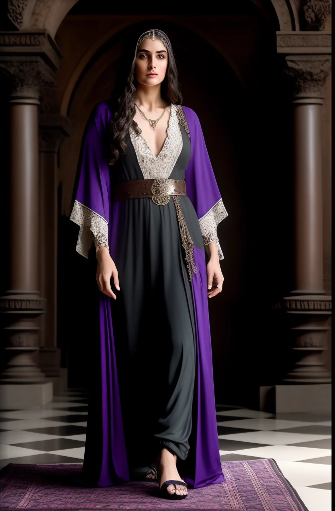 Realistic full-length portrait of the demure and discreet witch Medea wearing a white shirt underneath a purple vest and violet silk robe with black pants, linhas extremamente limpas, steampunk aesthetic, obra-prima inspirada na Feiticeira Escarlate e apresentada no Museu do Louvre e no Metropolitan Museum, brutal Mediterranean beauty in Gothic and Renaissance style, Luz Natural, sem fundo, roupa recatada e discreta, sem sensualizar, rosto vitorioso, image based on the oil painting Medea by Evelyn de Morgan, a famosa bruxa da mitologia grega