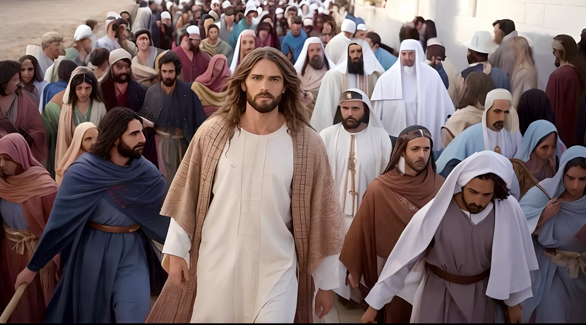 Image of Jesus walking in front of a crowd of people, Vestido como Jesus Cristo, jesus of nazareth, Jesus Cristo, O Senhor e Salvador, jesus wasted at a party, biblical clothing, Jesus, Greg Olsen, walking towards the camera, Walking towards the camera, vestes religiosas, towards the camera, vestindo vestes marrons, biblicamente preciso, holy themed
