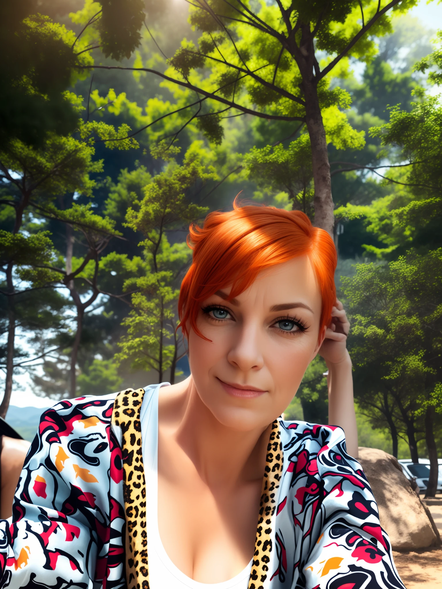 There is a woman with red hair and a leopard print shirt, with red hair and blue eyes, with red hair, park in background, orange hair, Women 40 years old, portrait of a 40 years old women, with curly red hair