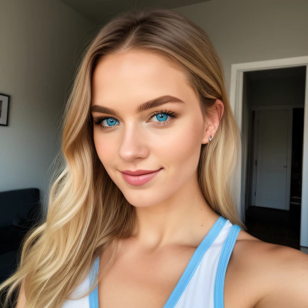 blonde woman with blue eyes, smiling, selfie, at home without makeup, sexy pajama, dark room, at night, Lara Stein, Alexandra Waliszewska, schulterlanges blondes Haar, Most beautiful woman in the world, beautiful look, Perfektes Detail, Victoria's Secret-Modell, blonde haare blaue augen, keine Nahaufnahme, blonde Haare und blaue Augen, lange blonde Haare und blaue Augen, ohne Augenbrauen