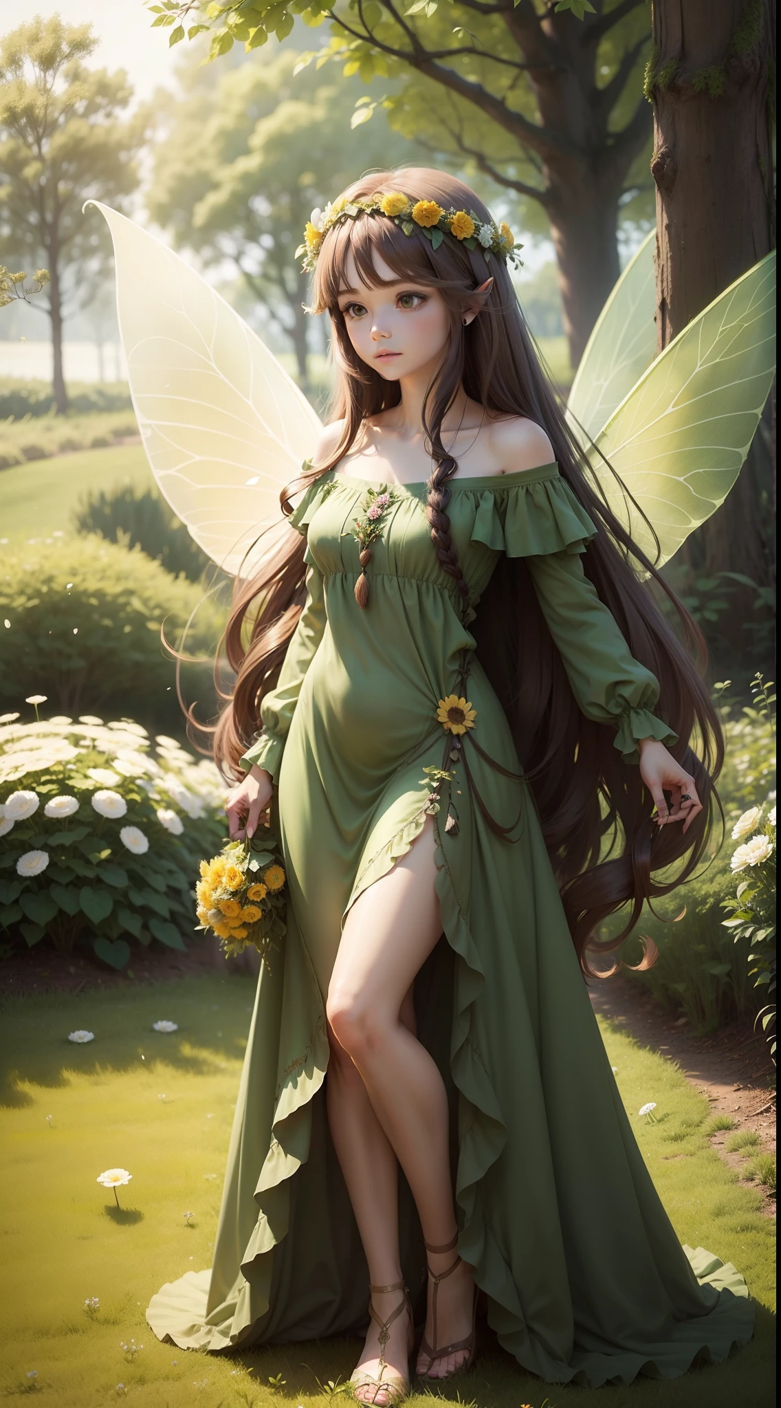 fairy with long flowery brown hair, with a dandelion flower crown, and a green dress with tree branches, with fairy wings, full body, thin