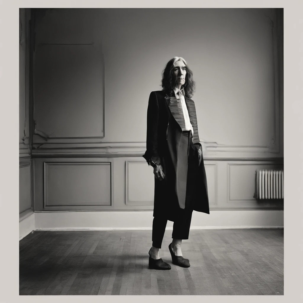 PATTI SMITH standing in a room with a jacket in, FOTO Mapplethorpe, Directed by: Maurycy Gottlieb, Rossdtaws, Directed by: Robert Mapplethorpe, margarida, com ombreiras, imagem promocional
