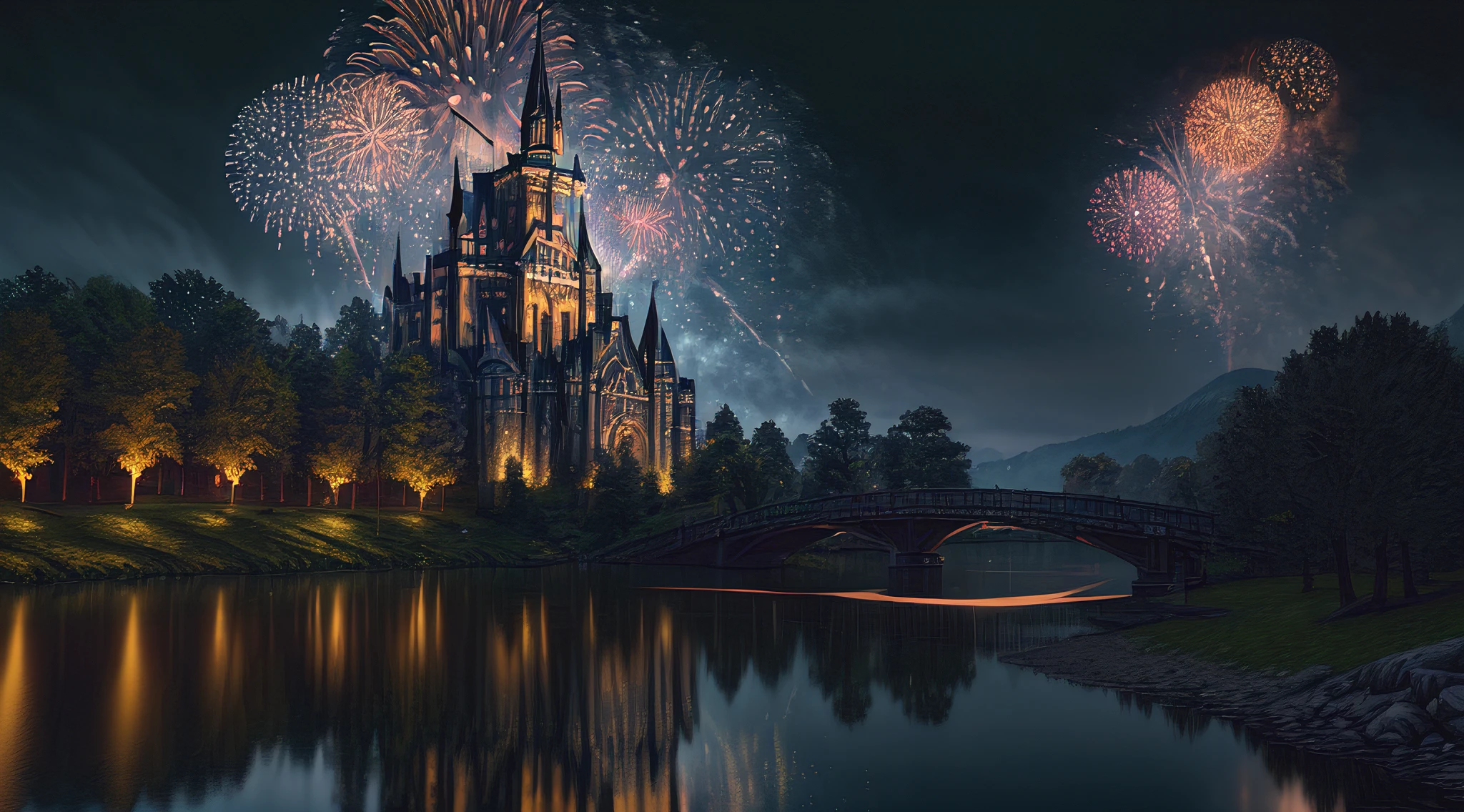 high details, best quality, 16k, [ultra detailed], masterpiece, best quality, (extremely detailed), ultra wide shot, photorealistic, a picture of a masterwork, best details,  display of fireworks (best details, Masterpiece, best quality: 1.5), being perfectly reflected in the river (best details, Masterpiece, best quality: 1.5), a dark castle background at night, ultra best realistic, best details, best quality, 16k, [ultra detailed], masterpiece, best quality, (extremely detailed), ultra wide shot, photorealism, depth of field, hyper realistic picture,