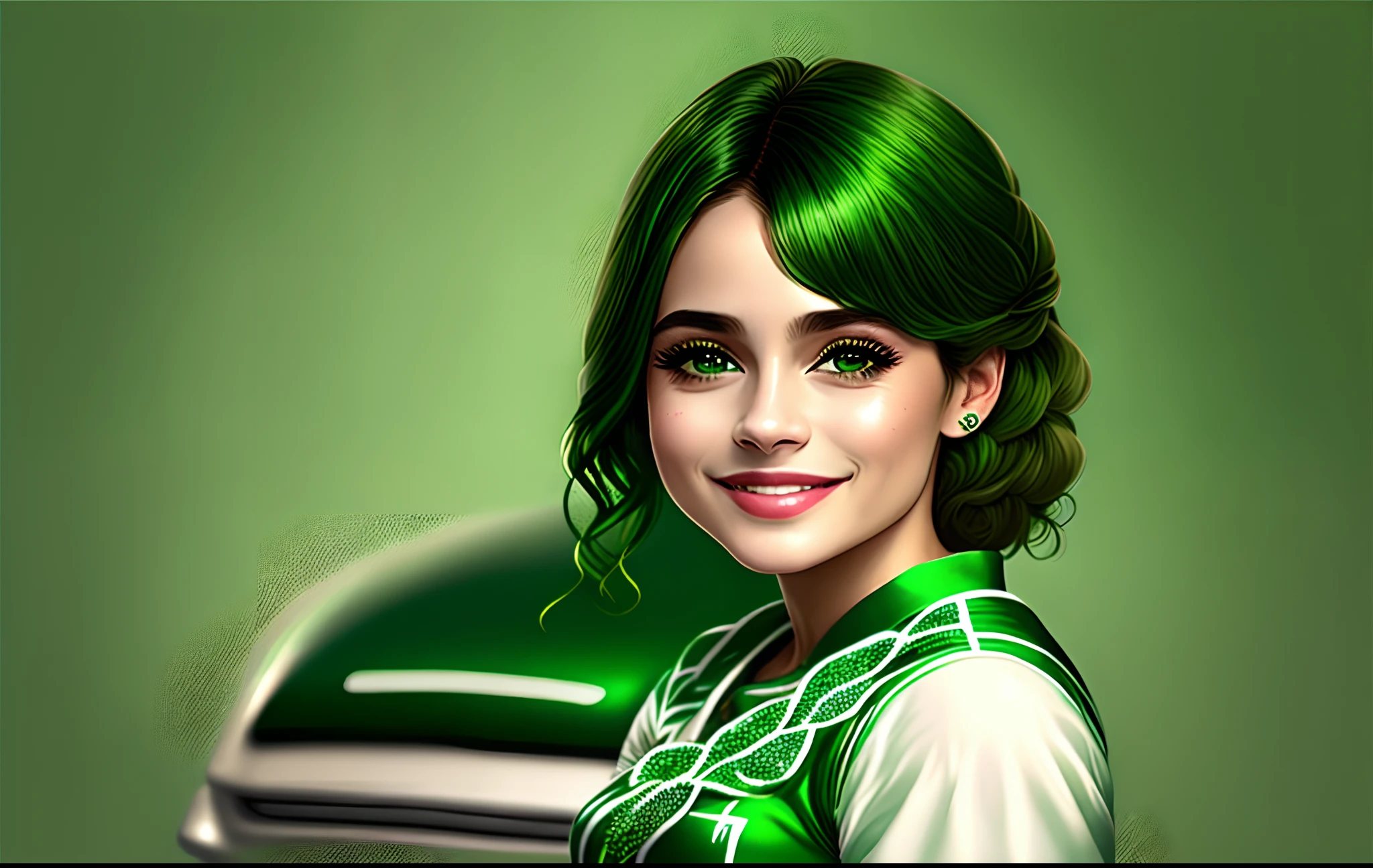 Uma mulher de vestido verde sorrindo perto de um carro branco