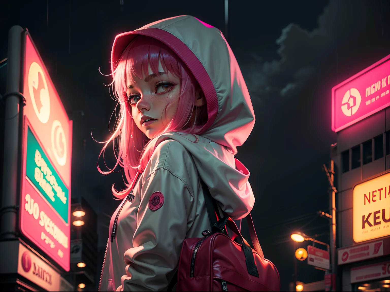 Neon city at night，Pink moon，Rainy weather，A retrograde teenager in a hoodie drenched in rain carries a red school bag