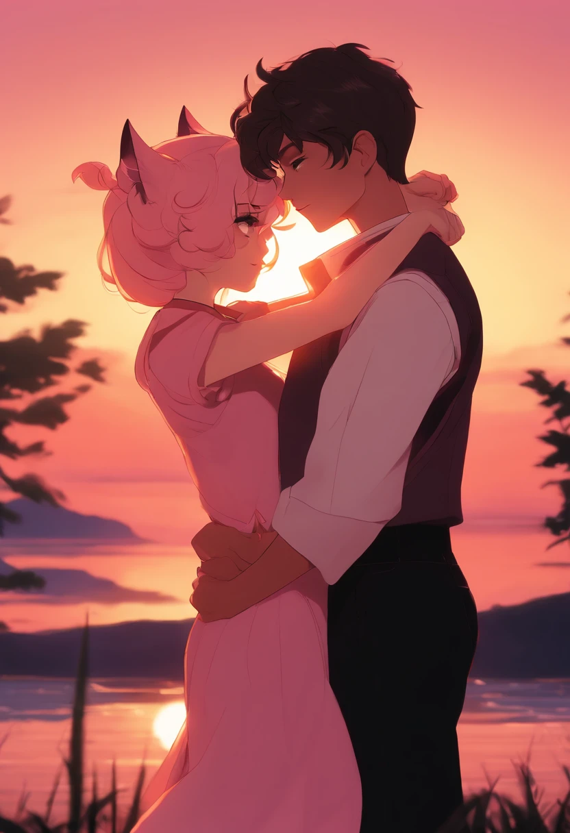 anime couple with cat ears and tail hugging in front of a sunset, high quality fanart, nick silva and ilya kuvshinov, jazza and rossdraws, official fanart, sailor moon!!!!!!!!, kissing together cutely, commission for high res, Fanart ", arm around her neck, in the art style of 8 0 s anime, redpink sunset